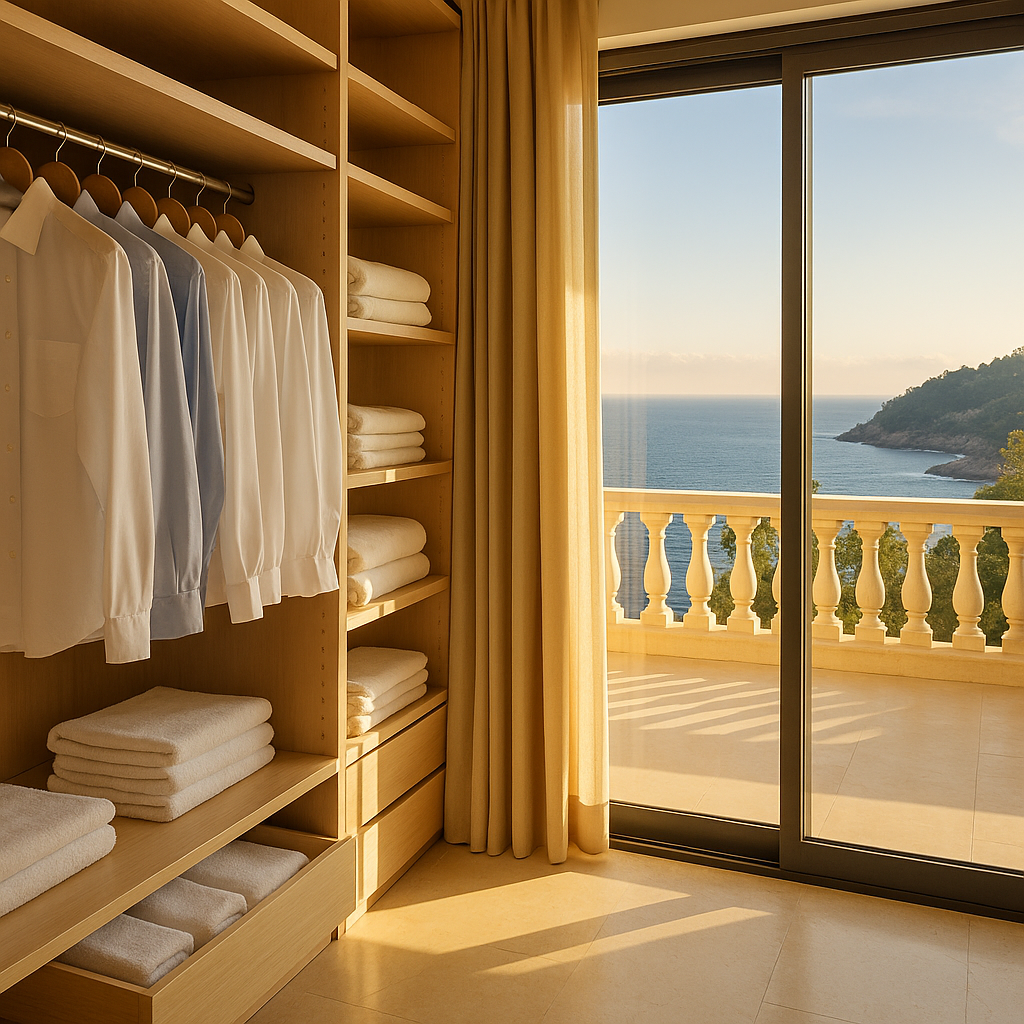 Walk‑in closet in a Mallorca villa with neatly pressed shirts and sea view – premium laundry pick‑up & delivery